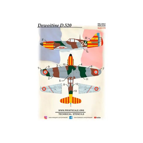 Print Scale Psm72017 1/72 Dewoitine D.520 Mask Decal