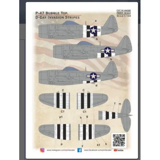 Print Scale Prs144-026 1/144 P-47 Bubble Top D-day Invasion Stripes Decal For Aircraft