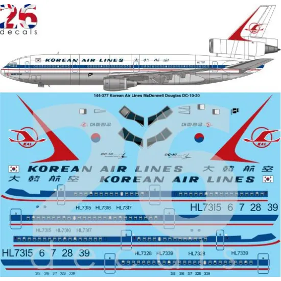26decals 144-377 1/144 Korean Air Lines Dc-10-30 Laser Decal
