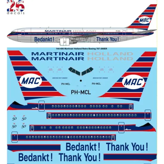 26decals 144-406 1/144 Martinair Retro Boeing 767-300 Laser Decal