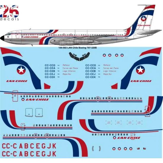 26decals 144-502 1/144 Lan Chile Boeing 707-320b Laser Decal