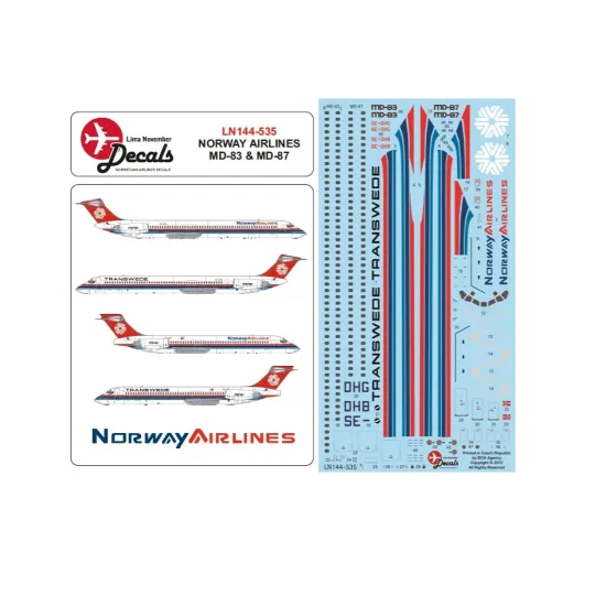 Lima November Decals 144-535 1/144 Norway Airlines MD83 and MD87 includes Transwede tit