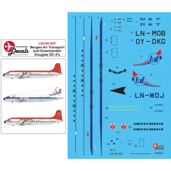 Lima November Decals 144-567 1/144 Bergen Air Transport/Bat And Greenlandair Dc-4