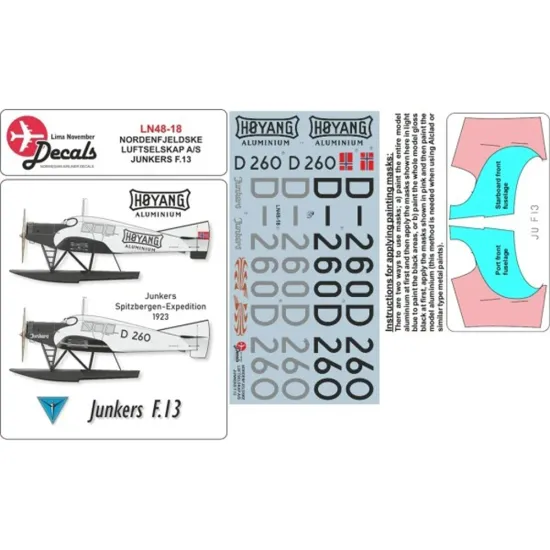 Lima November Decals 48-18 1/48 Nordenfjeldske Luftselskab Junkers F.13 With Masks