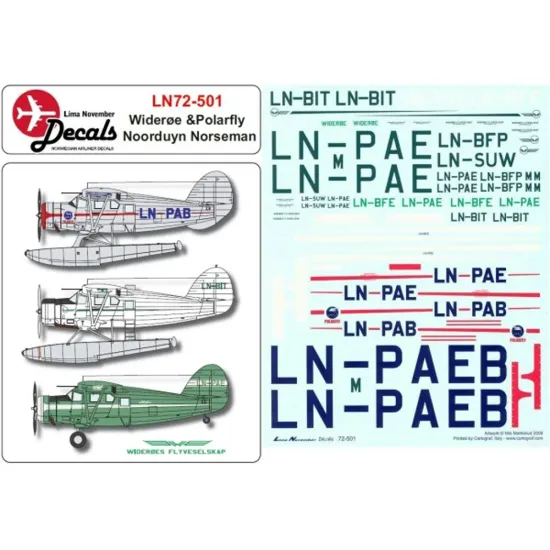 Lima November Decals 72-501 1/72 Noorduyn Norseman Wideroes And Polarfly And Masks