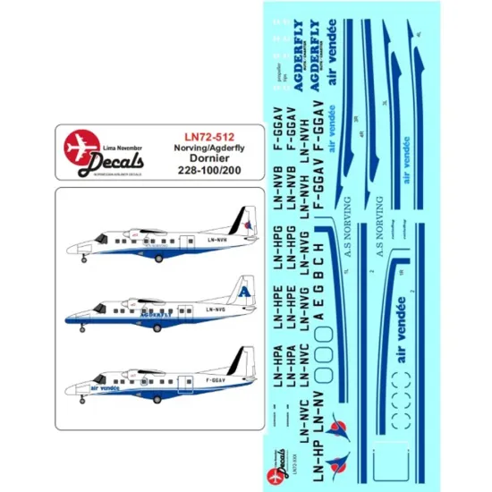Lima November Decals 72-512 1/72 Dh 114 Dornier 228 Norving, Agderfly, Ratioflug And Air Vendee