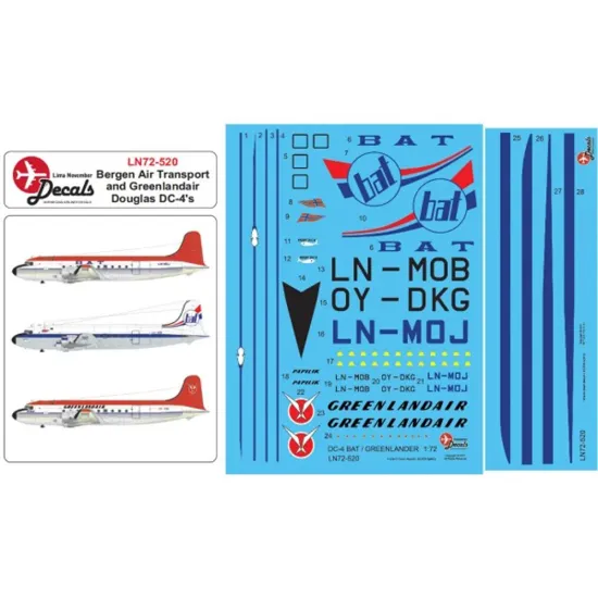 Lima November Decals 72-520 1/72 Bergen Air Transport/Bat And Greenlandair Dc-4