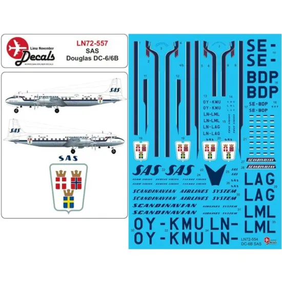 Lima November Decals 72-557 1/72 Sas Douglas Dc-6b. Includes Window Masks