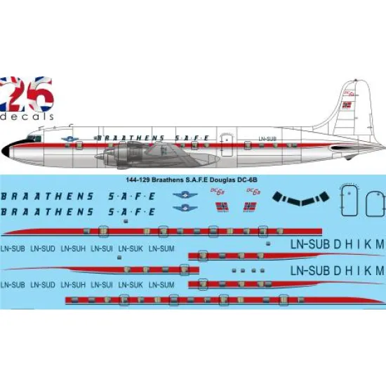 26decals 144-129 1/144 Braathens Douglas Dc-6b Laser Decal For Aircraft