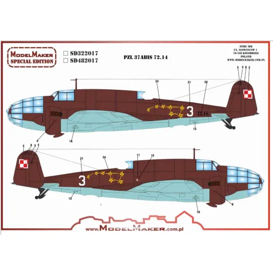 Model Maker Sd722017 1/72 Pzl-37abis 72 14 Decal For Aircraft