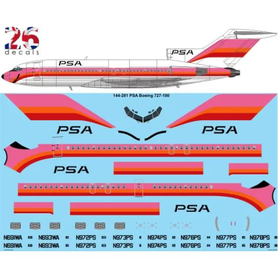 26decals 144-281 1/144 Psa Pink Boeing 727-100 Laser Decal For Aircraft