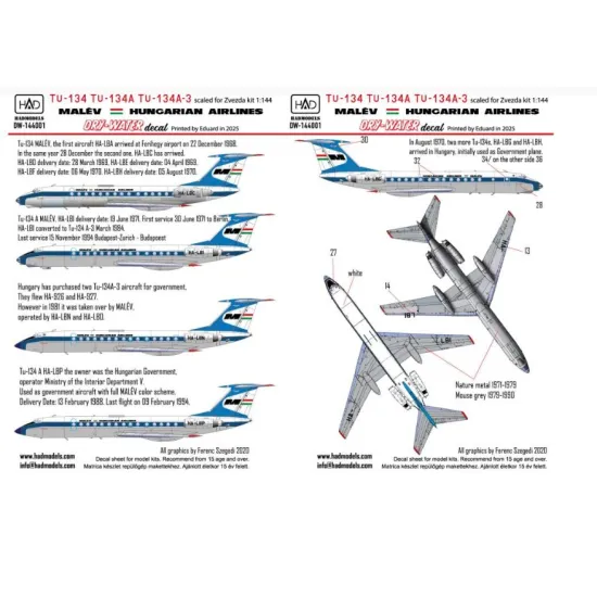 Hadmodels Dw-144001 1/144 Tu-134 Tu-134 A Tu-134 - A-3 Malev 70-80 Years Dry-water Decal Sheet