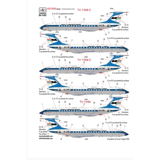 Hadmodels Dw-144001 1/144 Tu-134 Tu-134 A Tu-134 - A-3 Malev 70-80 Years Dry-water Decal Sheet