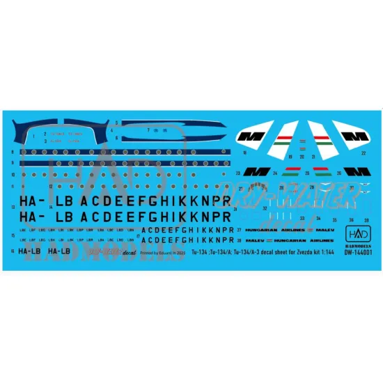 Hadmodels Dw-144001 1/144 Tu-134 Tu-134 A Tu-134 - A-3 Malev 70-80 Years Dry-water Decal Sheet