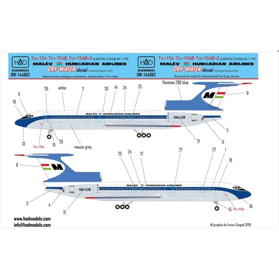 Hadmodels Dw-144002 1/144 Tu-154 B Tu-154b-1 70s-80s Years Malev Dry-water Decal Sheet