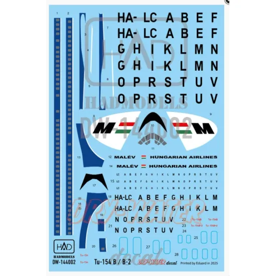 Hadmodels Dw-144002 1/144 Tu-154 B Tu-154b-1 70s-80s Years Malev Dry-water Decal Sheet