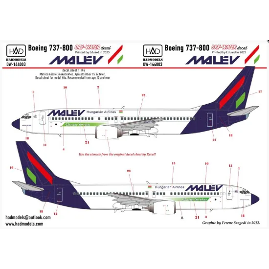 Hadmodels Dw-144003 1/144 Boeing 737 800 Malev Dry-water Decal