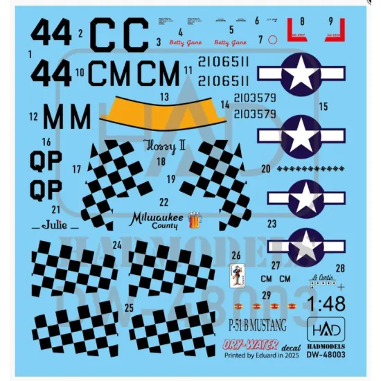 Hadmodels Dw-72003 1/72 P-51b Mustang Decal Sheet Dry-water