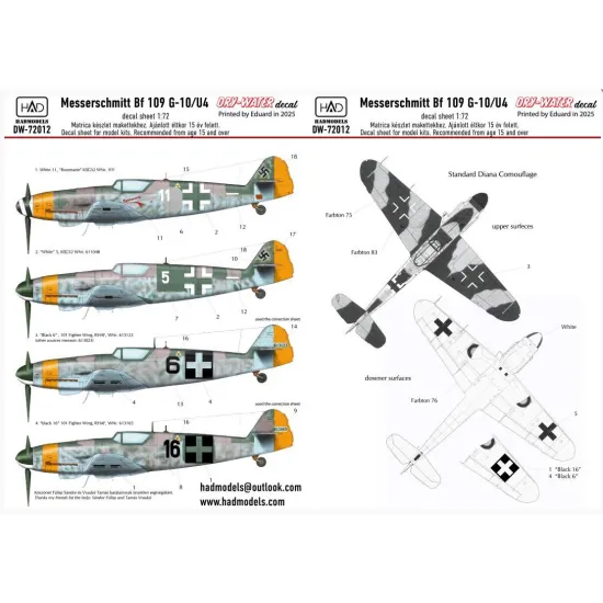 Hadmodels Dw-72012 1/72 Messerschmitt Bf 109 G-10 Dry-water Decal Sheet