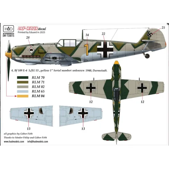 Hadmodels Dw-72015 1/72 Messerschmitt Bf 109 E-1 E-2 E-3 Dry-water Decal Sheet
