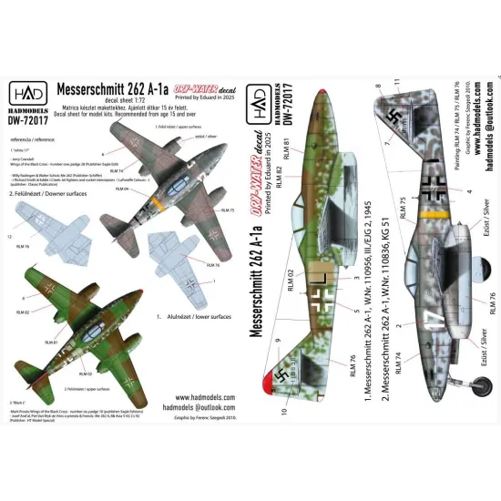 Hadmodels Dw-72017 1/72 Messerschmitt Me 262 A-1 Luftwaffe Black L White 17 Dry-water Decal Sheet
