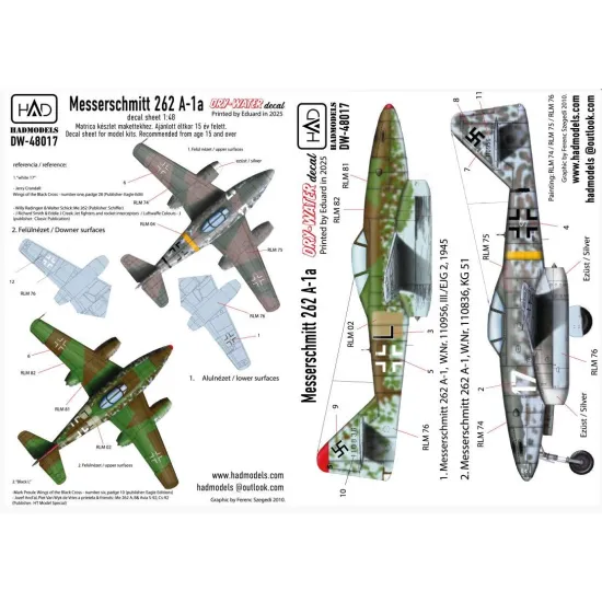 Hadmodels Dw-48017 1/48 Messerschmitt Me 262 A-1 Luftwaffe Black L White 17 Dry-water Decal Sheet