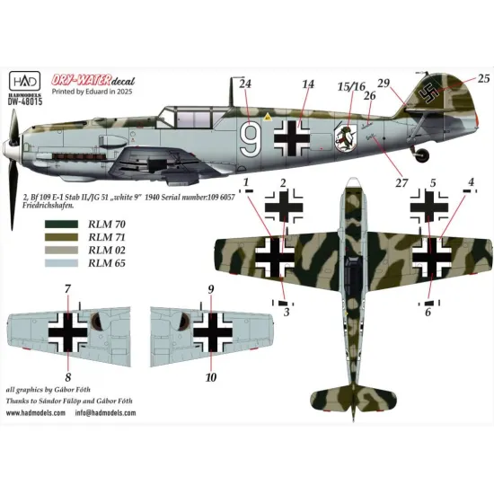 Hadmodels Dw-48015 1/48 Messerschmitt Bf 109 E-1 E-2 E-3 Dry-water Decal Sheet