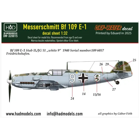 Hadmodels Dw-32015 1/32 Messerschmitt Bf 109 E-1 White 9 Dry-water Decal Sheet
