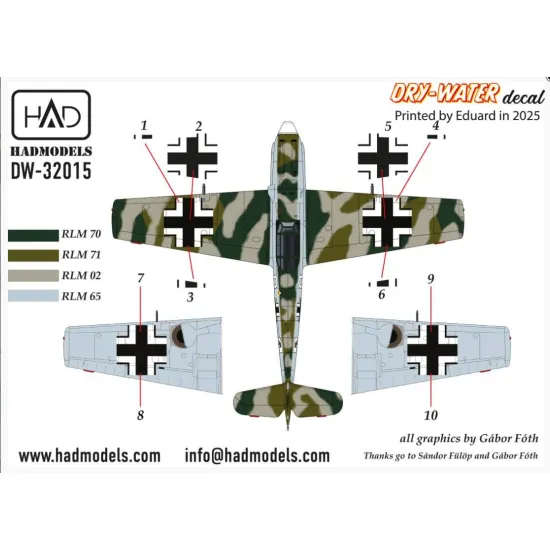 Hadmodels Dw-32015 1/32 Messerschmitt Bf 109 E-1 White 9 Dry-water Decal Sheet
