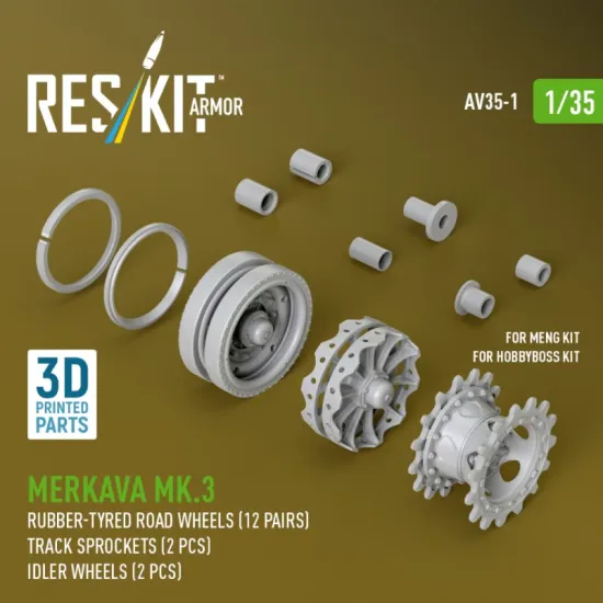 Reskit Rs-av35-0001 1/35 Merkava Mk 3 Rubber Bandage Road Wheels 12 Pairs Track Sprockets 2 Pcs Idler Wheels 2 Pcs For Meng/Hobbyboss Kit 3d Printed