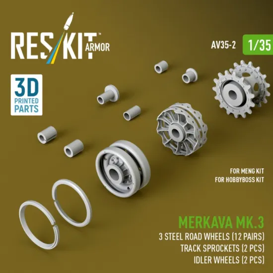 Reskit Rs-av35-0002 1/35 Merkava Mk 3 Steel Road Wheels 12 Pairs Track Sprockets 2 Pcs Idler Wheels 2 Pcs For Meng/Hobbyboss Kit 3d Printed