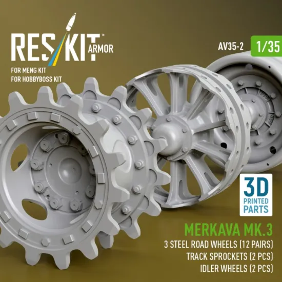 Reskit Rs-av35-0002 1/35 Merkava Mk 3 Steel Road Wheels 12 Pairs Track Sprockets 2 Pcs Idler Wheels 2 Pcs For Meng/Hobbyboss Kit 3d Printed