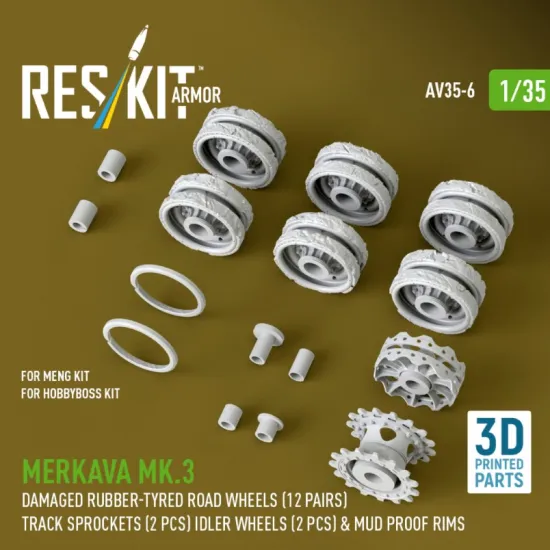 Reskit Rs-av35-0006 1/35 Merkava Mk 3 Damaged Rubber Bandage Wheels 12 Pairs Track Sprockets 2 Pcs Idler Wheels 2 Pcs For Meng/Hobbyboss Kit 3d Printed