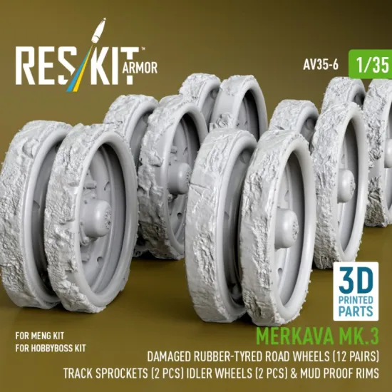 Reskit Rs-av35-0006 1/35 Merkava Mk 3 Damaged Rubber Bandage Wheels 12 Pairs Track Sprockets 2 Pcs Idler Wheels 2 Pcs For Meng/Hobbyboss Kit 3d Printed