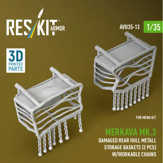 Reskit Rs-avu35-0013 1/35 Merkava Mk 3 Damaged Rear Hull Metall Storage Baskets 2 Pcs W/Workable Chains For Meng Kit 3d Printed
