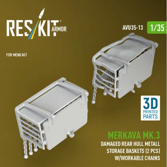 Reskit Rs-avu35-0013 1/35 Merkava Mk 3 Damaged Rear Hull Metall Storage Baskets 2 Pcs W/Workable Chains For Meng Kit 3d Printed