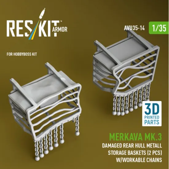 Reskit Rs-avu35-0014 1/35 Merkava Mk 3 Damaged Rear Hull Metall Storage Baskets 2 Pcs W/Workable Chains For Hobbyboss Kit 3d Printed