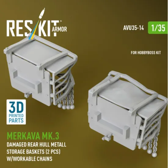 Reskit Rs-avu35-0014 1/35 Merkava Mk 3 Damaged Rear Hull Metall Storage Baskets 2 Pcs W/Workable Chains For Hobbyboss Kit 3d Printed