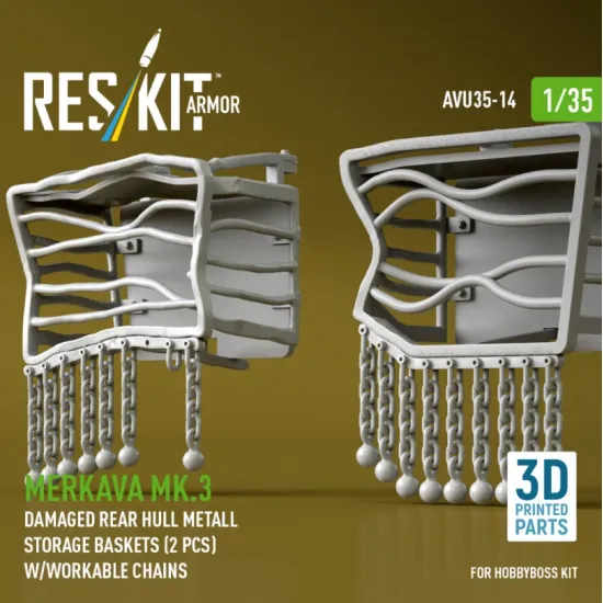 Reskit Rs-avu35-0014 1/35 Merkava Mk 3 Damaged Rear Hull Metall Storage Baskets 2 Pcs W/Workable Chains For Hobbyboss Kit 3d Printed