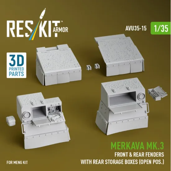 Reskit Rs-avu35-0015 1/35 Merkava Mk 3 Front Rear Fenders With Rear Storage Boxes Open Pos For Meng Kit 3d Printed