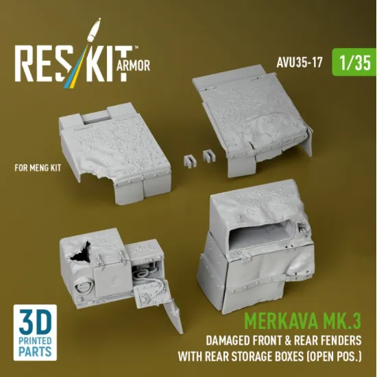 Reskit Rs-avu35-0017 1/35 Merkava Mk 3 Damaged Front Rear Fenders With Rear Storage Boxes Open Pos For Meng Kit 3d Printed