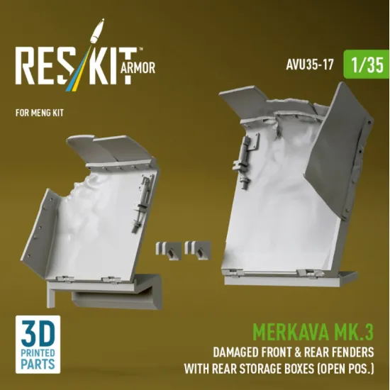 Reskit Rs-avu35-0017 1/35 Merkava Mk 3 Damaged Front Rear Fenders With Rear Storage Boxes Open Pos For Meng Kit 3d Printed