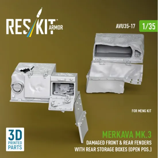 Reskit Rs-avu35-0017 1/35 Merkava Mk 3 Damaged Front Rear Fenders With Rear Storage Boxes Open Pos For Meng Kit 3d Printed