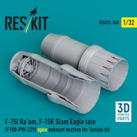 Reskit Rsu32-0260 1/32 F‑15I Raam F‑15K Slam Eagle late F100-PW-229 open exhaust nozzles for Tamiya kit 3D Printed