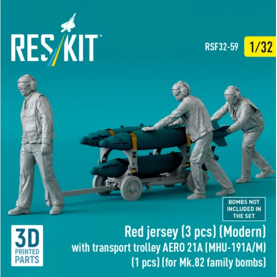 Reskit Rsf32-0059 1/32 Red Jersey 3 Pcs Modern With Transport Trolley Aero 21a Mhu-191a/M 1 Pcs For Mk 82 Family Bombs 3d Printed