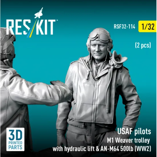 Reskit Rsf32-0114 1/32 Usaf Pilots 2 Pcs M1 Weaver Trolley With Hydraulic Lift An-m64 500lb Ww2 3d Printed