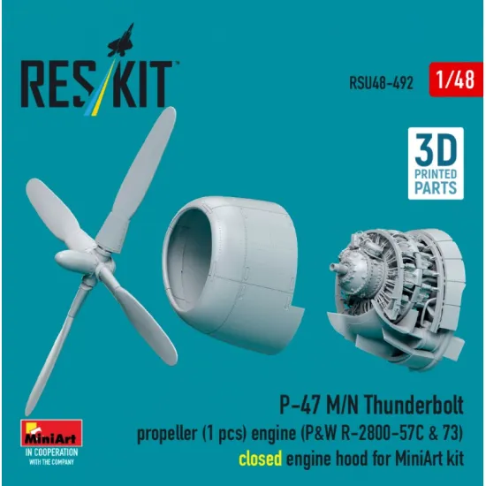 Reskit Rsu48-0492 1/48 P-47 M/N Thunderbolt Propeller 3 Pcs Engine P W R-2800-57c 73 Closed Engine Hood For Miniart Kit 3d Printed