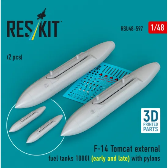 Reskit Rsu48-0597 1/48 F-14 Tomcat External Fuel Tanks 1000l Early And Late With Pylons 2 Pcs 3d Printed