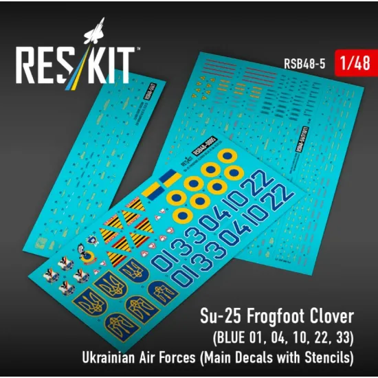 Reskit Rsb48-0005 1/48 Su-25 Frogfoot Clover Blue 01 04 10 22 33 Ukrainian Air Forces Main Decals With Stencils