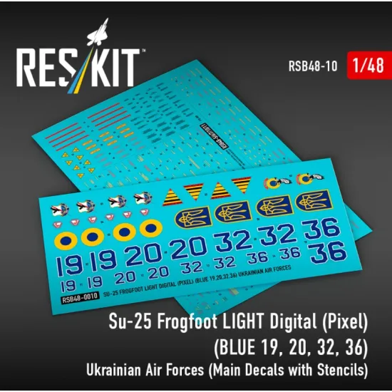 Reskit Rsb48-0010 1/48 Su-25 Frogfoot Light Digital Pixel Blue 19 20 32 36 Ukrainian Air Forces Main Decals With Stencils